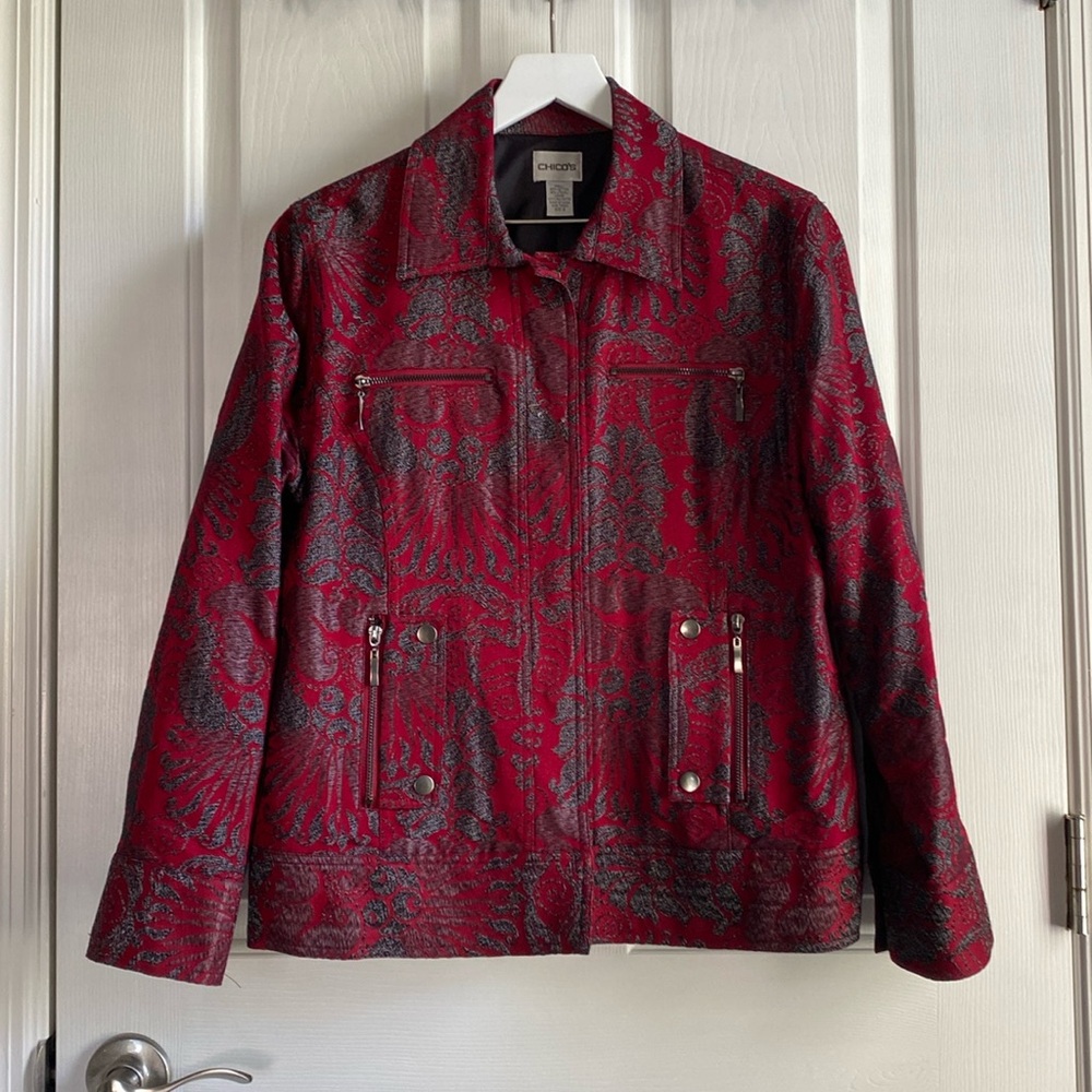 Chico’s Womens Red and Gunmetal Grey Statement Jacket Size 12